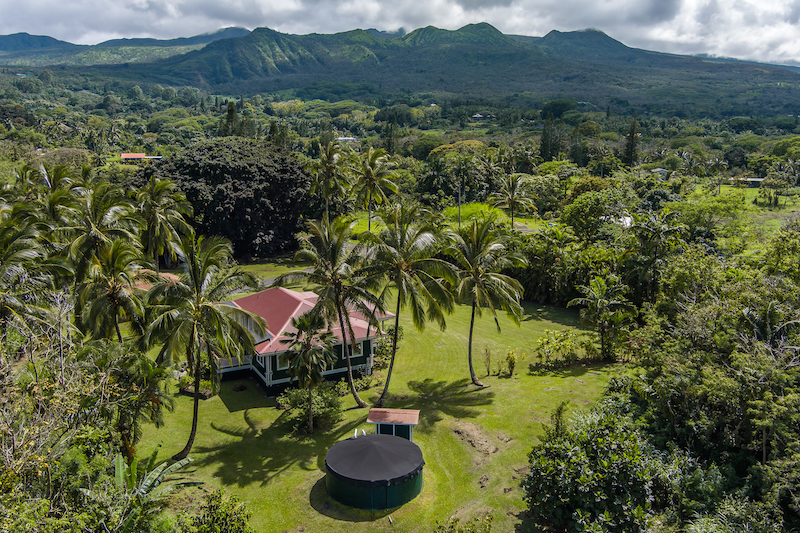 Aerial view of 340 Alalele in Hana Maui with the East Flank of Haleakala in the distance. 