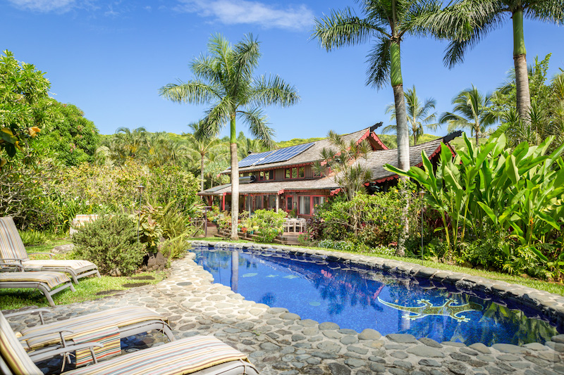 The ocean house of the Haiku Sanctuary with its mosaic tile pool. 