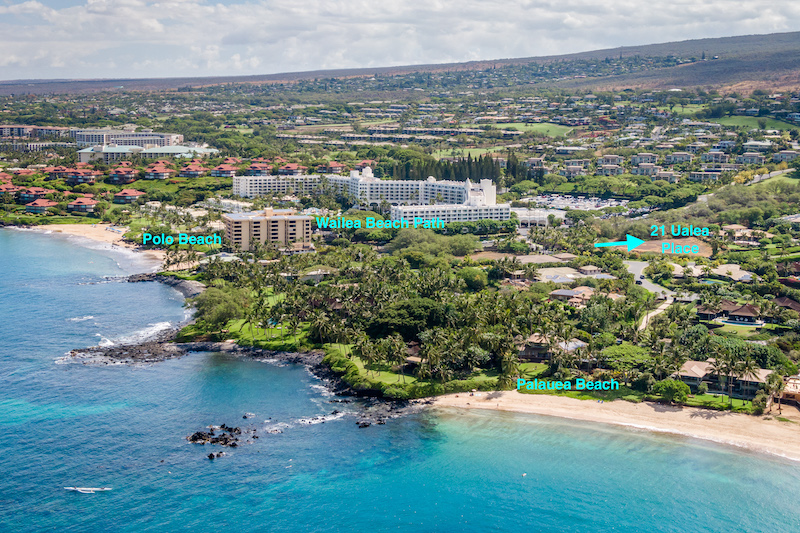 Aerial view that shows 21 Ualei places proximity to beaches, the Wailea Beach Path, golf courses and other resort type amenities. 