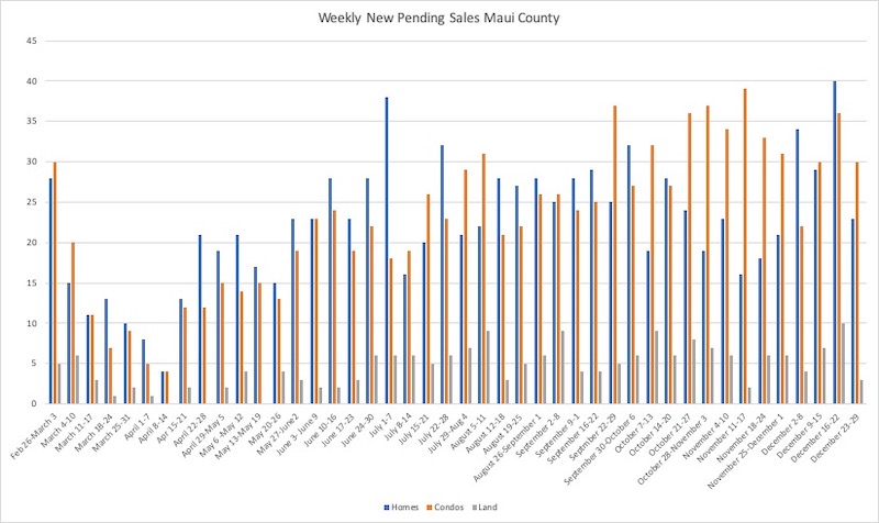 This chart shows weekly new pending sales by property type in Maui County. The chart starts in late February and runs through late December. 